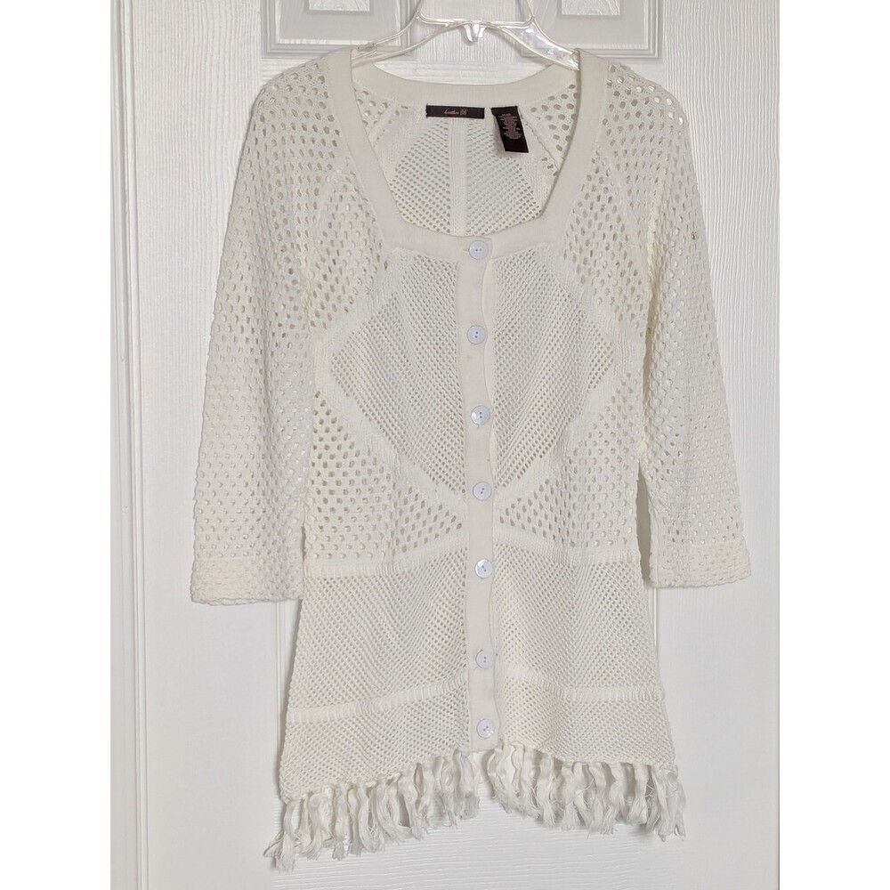Women's (Medium) Open Knit/Crochet Fringe Button-Front Long Cardigan w/Tassels